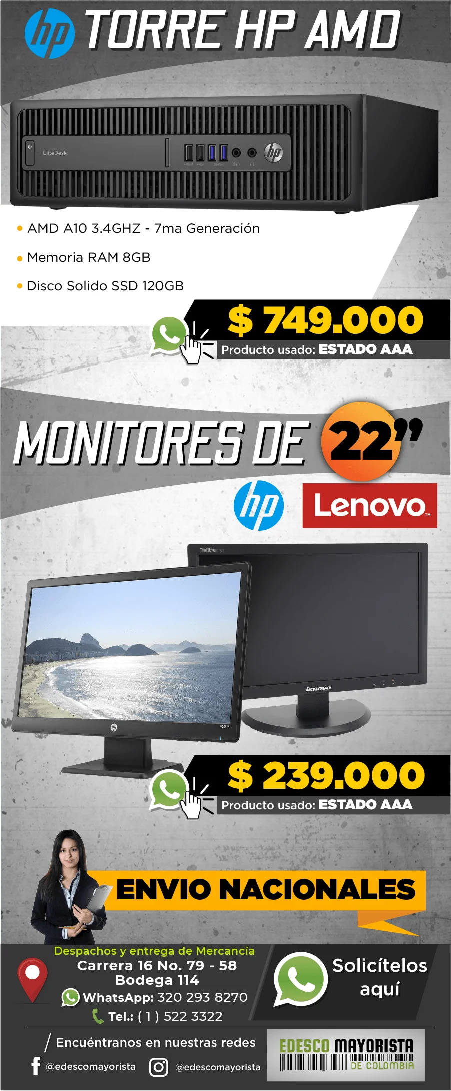 Torre HP AMD A10 - Monitores de 22